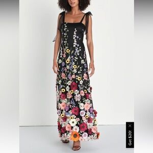 Lulu’s Thriving Poise Black 3D Floral Embroidered Tie-Strap Maxi Dress - Size M